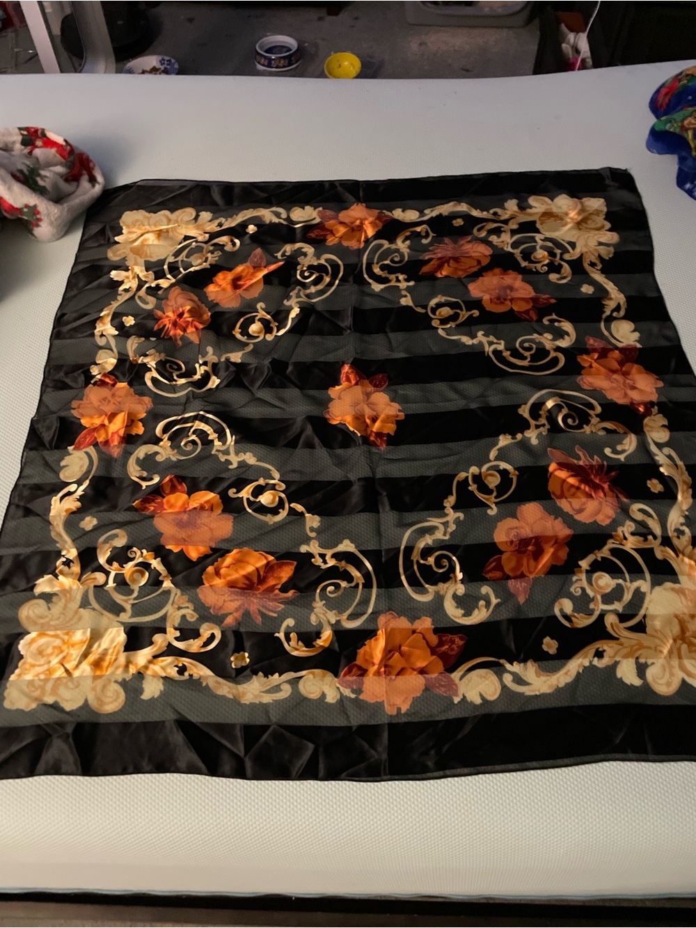 Black, Orange and gold Floral Accent lightweight scarf
